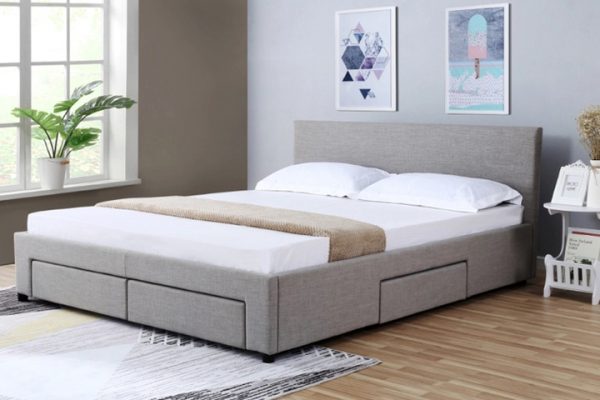 Eliz Fabric Bed with Drawer , Grey --D, Q