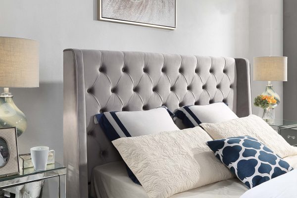 Coco B  Velvet Fabric Bed  Standard / Gas Lift , Grey / Cream -- Q, K - Image 2