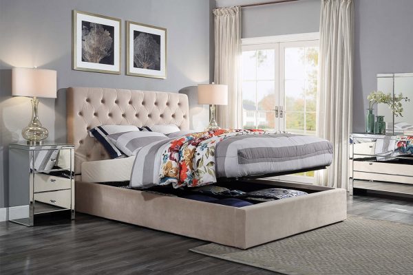 Coco  Velvet Fabric Bed  Standard / Gas Lift , Grey / Cream -- Q, K - Image 2