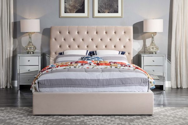 Coco  Velvet Fabric Bed  Standard / Gas Lift , Grey / Cream -- Q, K