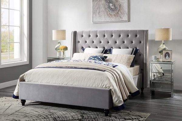 Coco B  Velvet Fabric Bed  Standard / Gas Lift , Grey / Cream -- Q, K